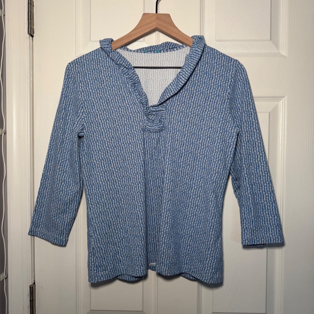 J.McLaughlin Catalina Cloth Ruffle V-Neck Top Blue White Geometric Print M